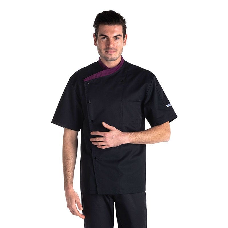 Fitted Short Sleeve Kitchen Coat with Aubergine Collar - MANELLI -  by Manelli | MANELLI``