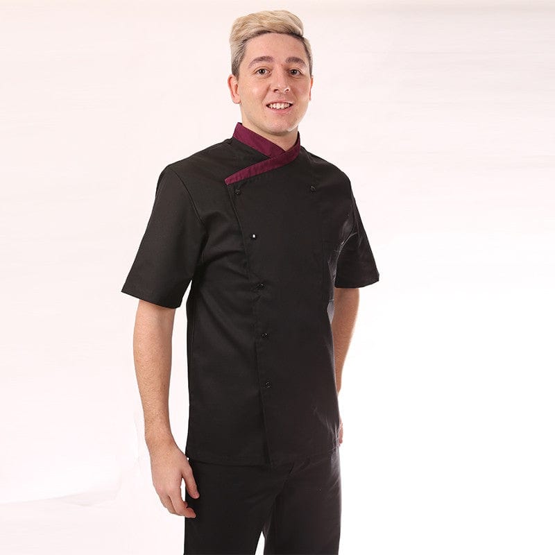 Fitted Short Sleeve Kitchen Coat with Aubergine Collar - MANELLI -  by Manelli | MANELLI``