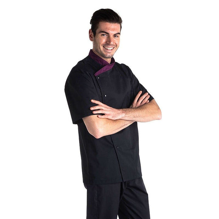 Fitted Short Sleeve Kitchen Coat with Aubergine Collar - MANELLI -  by Manelli | MANELLI``