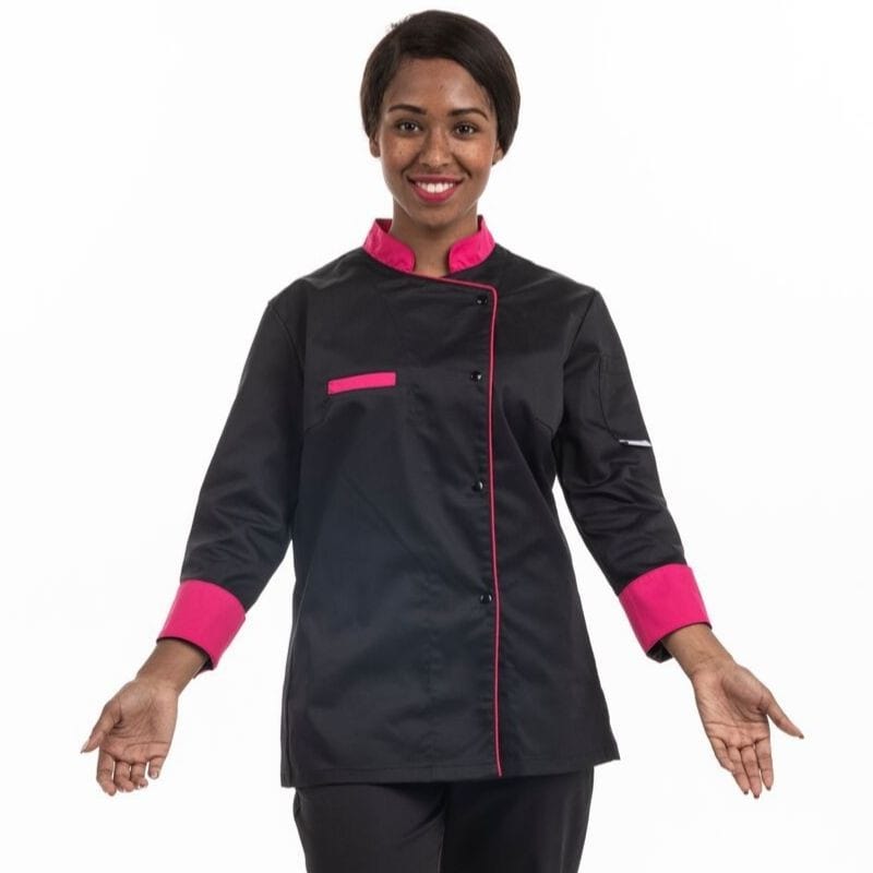 Black Kitchen Coat with Pink Piping Short Sleeve - MANELLI -  by Manelli | MANELLI``