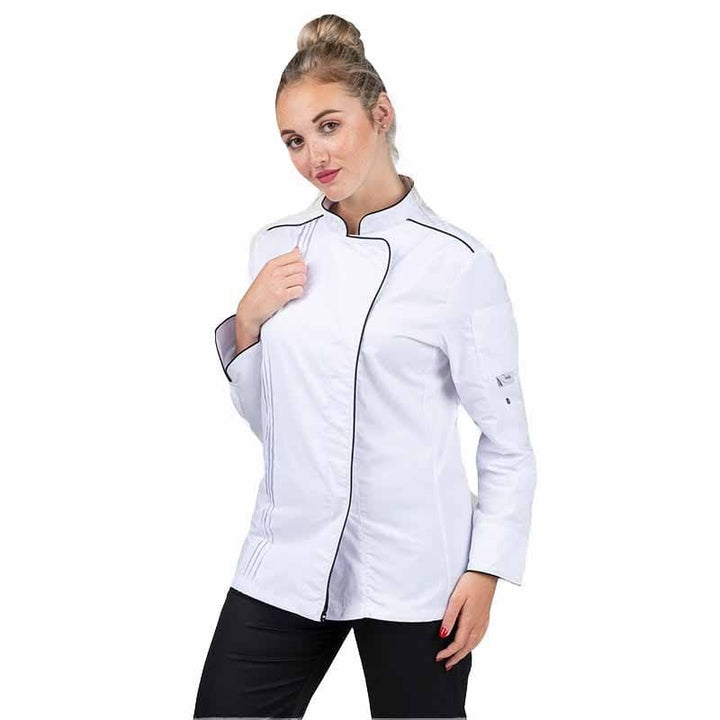 Orchestra Women's White Kitchen Coat with Black Piping - MANELLI -  by Manelli | MANELLI``