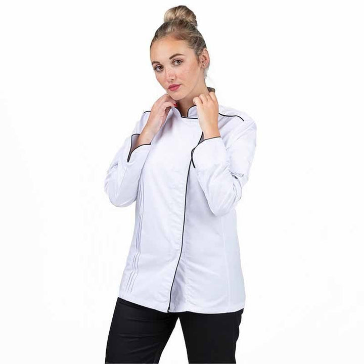 Orchestra Women's White Kitchen Coat with Black Piping - MANELLI -  by Manelli | MANELLI``