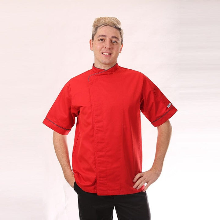 Red Short Sleeve or Long Sleeve Kitchen Coat with Gray Piping - MANELLI -  by Manelli | MANELLI``