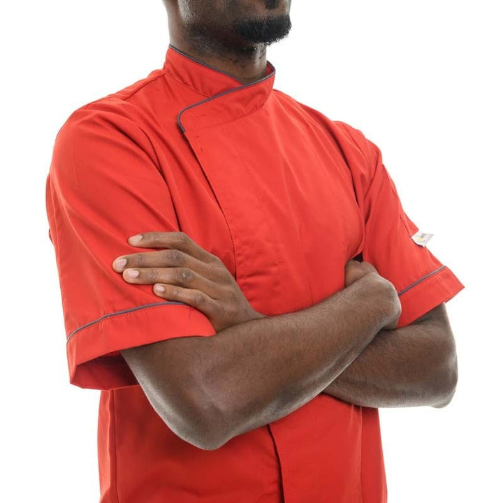 Red Short Sleeve or Long Sleeve Kitchen Coat with Gray Piping - MANELLI -  by Manelli | MANELLI``