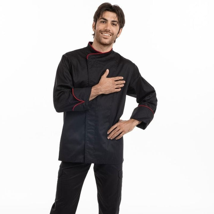 Black Short Sleeve or Long Sleeve Kitchen Coat with Red Piping - MANELLI -  by Manelli | MANELLI``