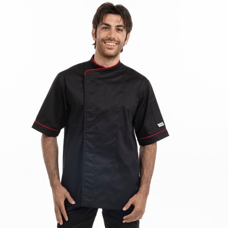 Black Short Sleeve or Long Sleeve Kitchen Coat with Red Piping - MANELLI -  by Manelli | MANELLI``