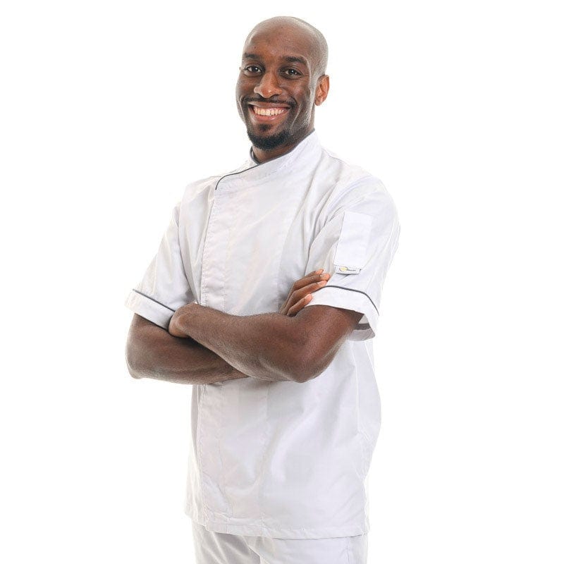 White Chef Coat with Dark Gray Piping Short Sleeve - MANELLI -  by Manelli | MANELLI``