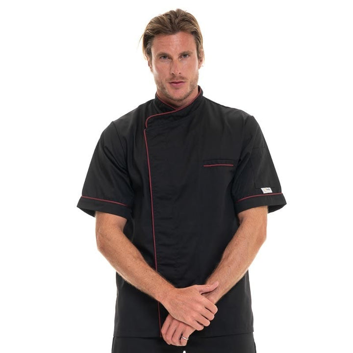 Black Short Sleeve Chef Coat with Long Burgundy Piping - MANELLI -  by Manelli | MANELLI``