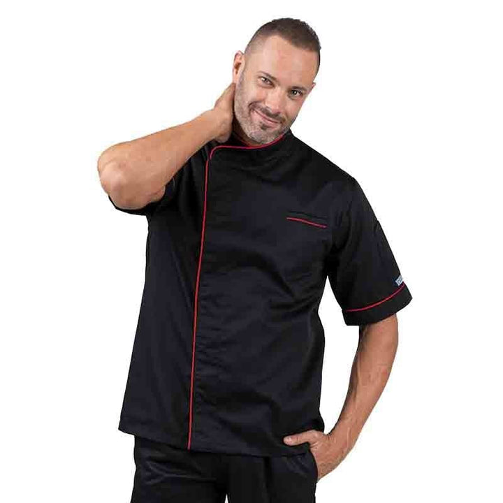 Black Short Sleeve Chef Coat with Long Red Piping - MANELLI -  by Manelli | MANELLI``