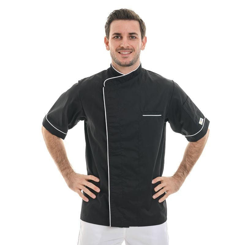 Black Short Sleeve or Long Sleeve Kitchen Coat with Long White Piping - MANELLI -  by Manelli | MANELLI``