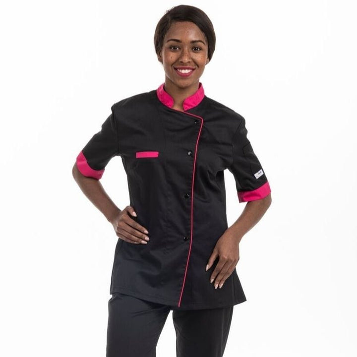 Black Kitchen Coat with Pink Piping Short Sleeve - MANELLI -  by Manelli | MANELLI``