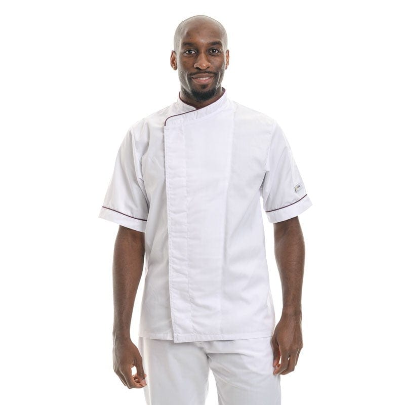 White Chef Coat with Burgundy Border Short Sleeve or Long Sleeve - MANELLI -  by Manelli | MANELLI``