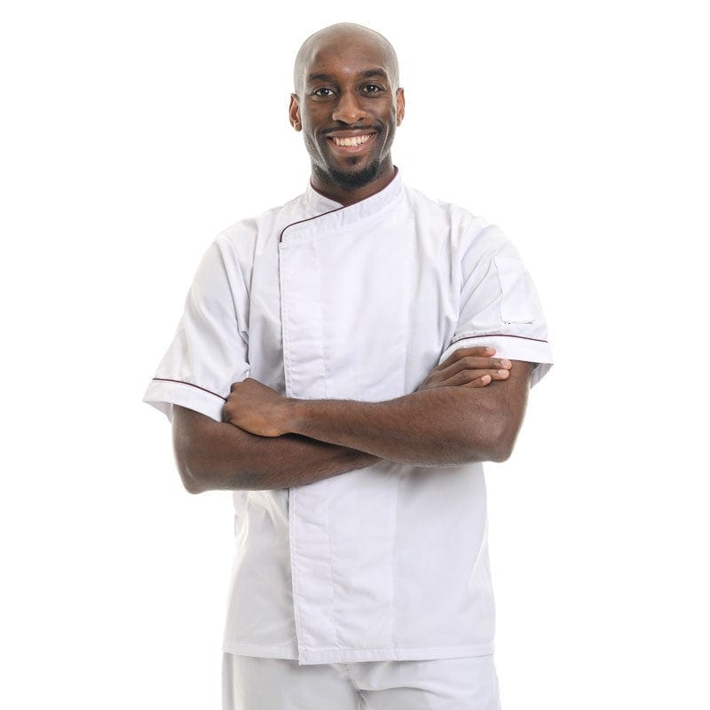 White Chef Coat with Burgundy Border Short Sleeve or Long Sleeve - MANELLI -  by Manelli | MANELLI``