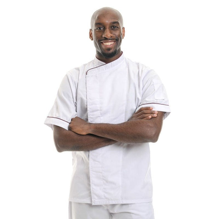 White Chef Coat with Burgundy Border Short Sleeve or Long Sleeve - MANELLI -  by Manelli | MANELLI``