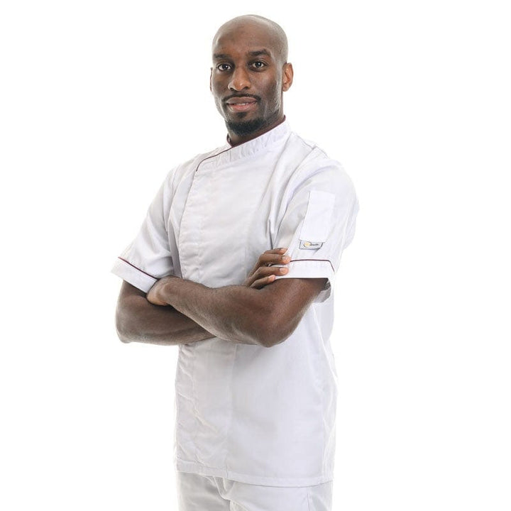White Chef Coat with Burgundy Border Short Sleeve or Long Sleeve - MANELLI -  by Manelli | MANELLI``