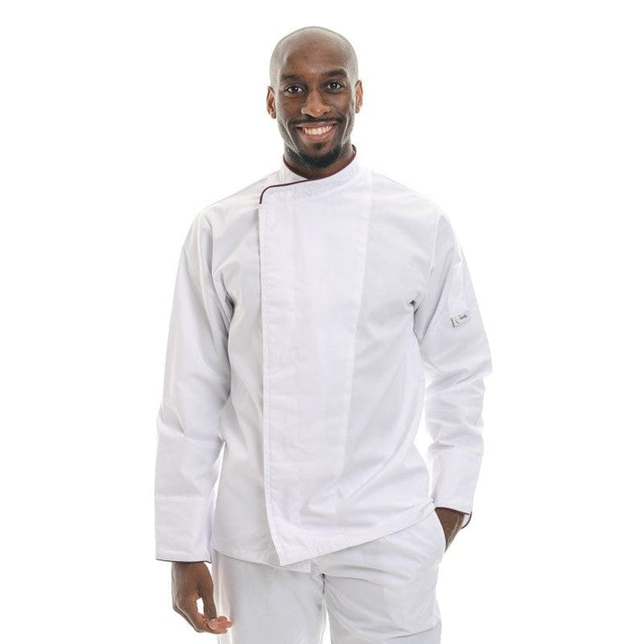 White Chef Coat with Burgundy Border Short Sleeve or Long Sleeve - MANELLI -  by Manelli | MANELLI``