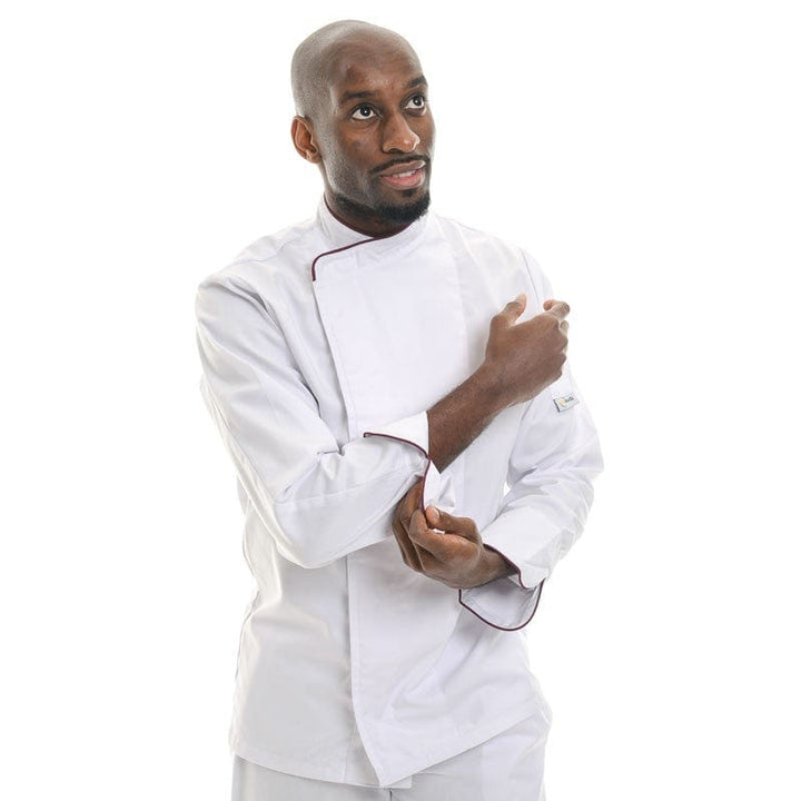 White Chef Coat with Burgundy Border Short Sleeve or Long Sleeve - MANELLI -  by Manelli | MANELLI``
