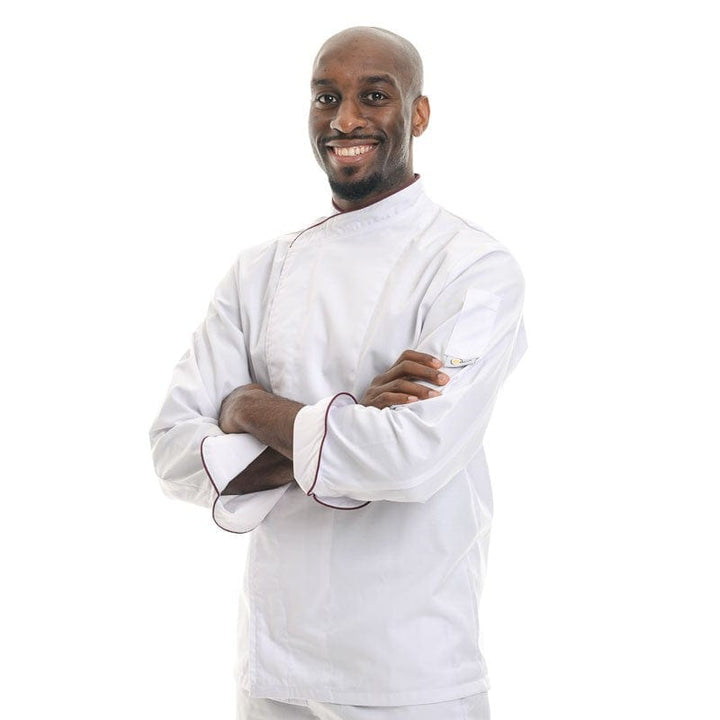 White Chef Coat with Burgundy Border Short Sleeve or Long Sleeve - MANELLI -  by Manelli | MANELLI``