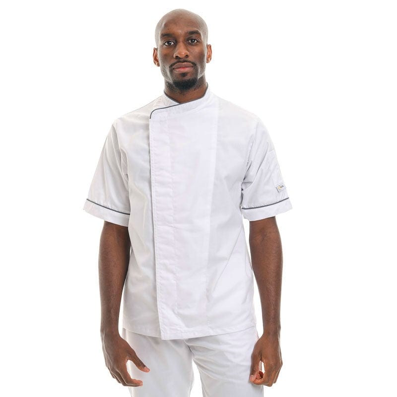 White Chef Coat with Dark Gray Piping Short Sleeve - MANELLI -  by Manelli | MANELLI``