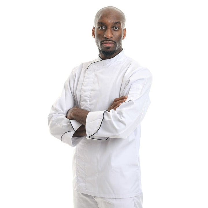 White Short Sleeve or Long Sleeve Kitchen Coat with Black Piping - MANELLI -  by Manelli | MANELLI``