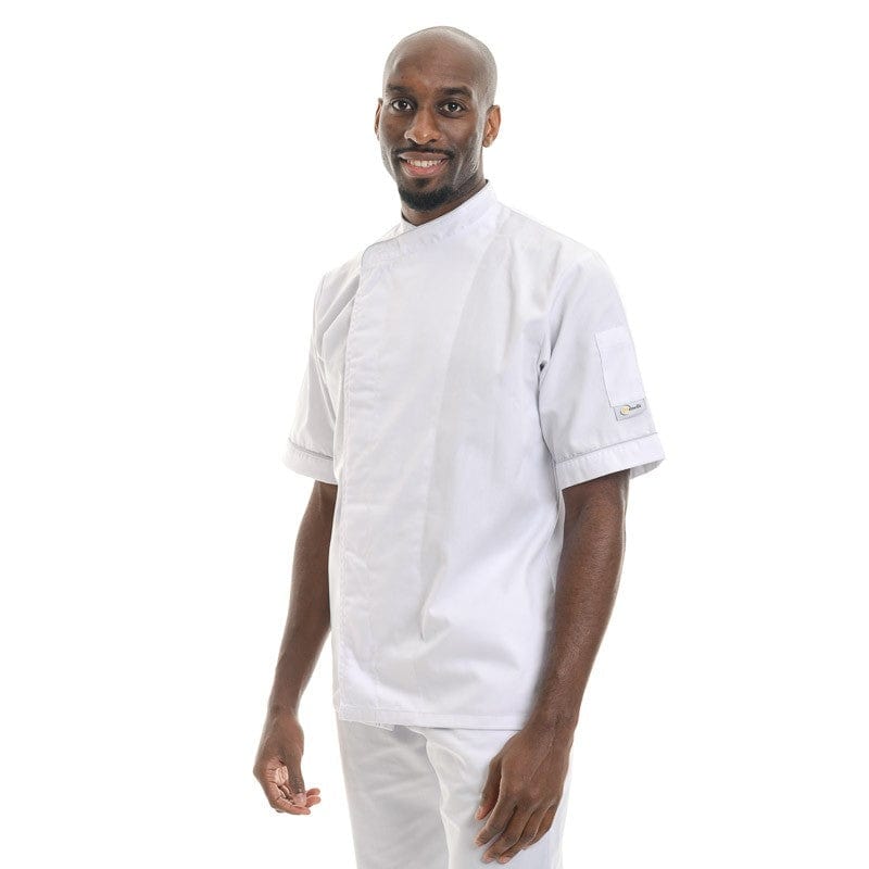 White Short Sleeve or Long Sleeve Kitchen Coat with Gray Piping - MANELLI -  by Manelli | MANELLI``