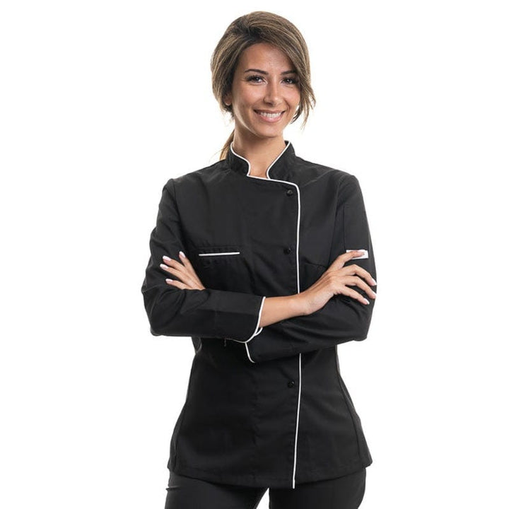 Women's Long Sleeve Black Kitchen Coat with White Piping - MANELLI -  by Manelli | MANELLI``