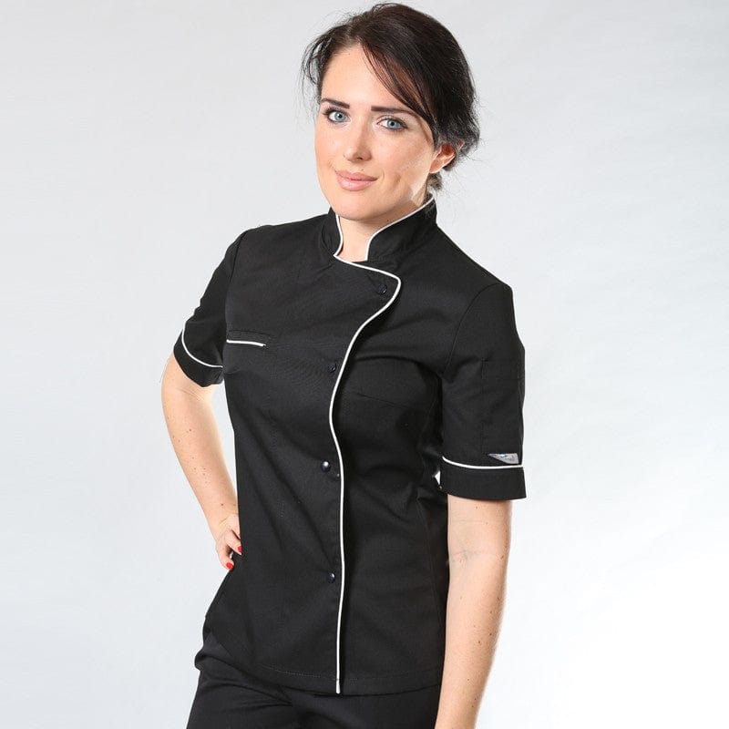 Women's Long Sleeve Black Kitchen Coat with White Piping - MANELLI -  by Manelli | MANELLI``