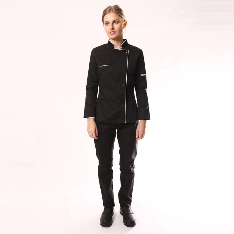 Women's Long Sleeve Black Kitchen Coat with White Piping - MANELLI -  by Manelli | MANELLI``