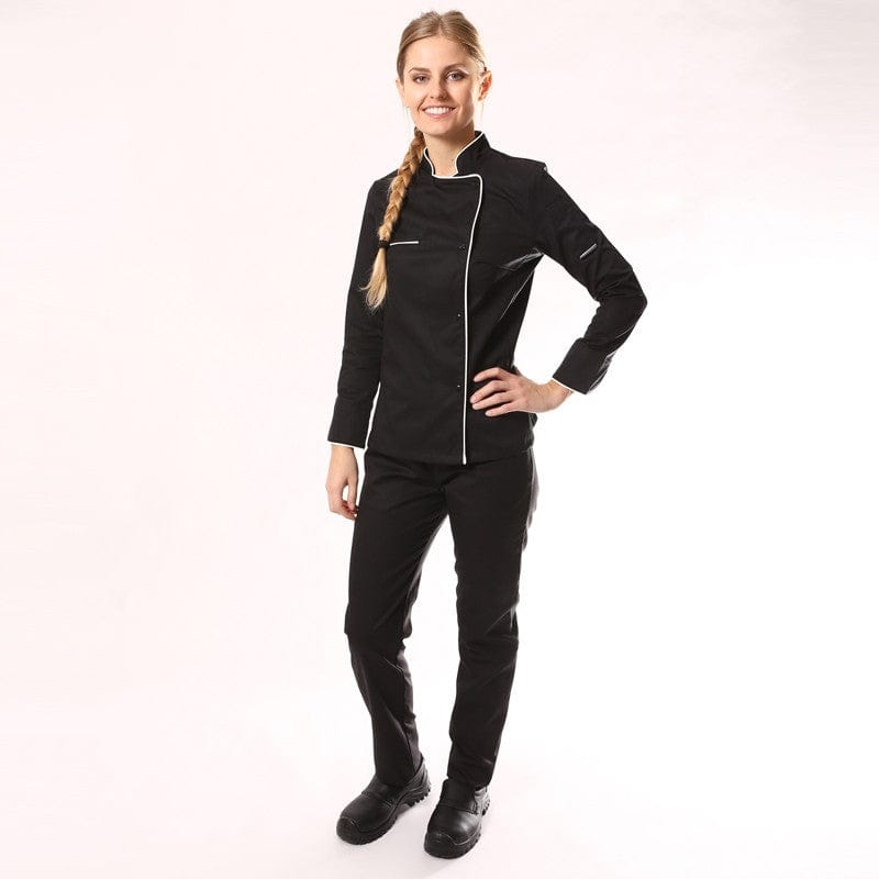 Women's Long Sleeve Black Kitchen Coat with White Piping - MANELLI -  by Manelli | MANELLI``