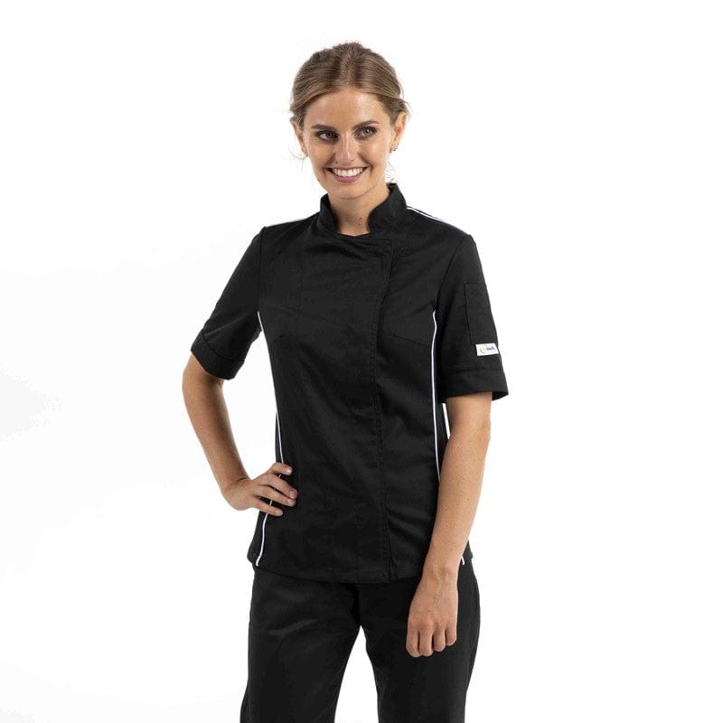 Women's Short Sleeve Black Kitchen Coat with White Piping Side Ventilation - MANELLI -  by Manelli | MANELLI``