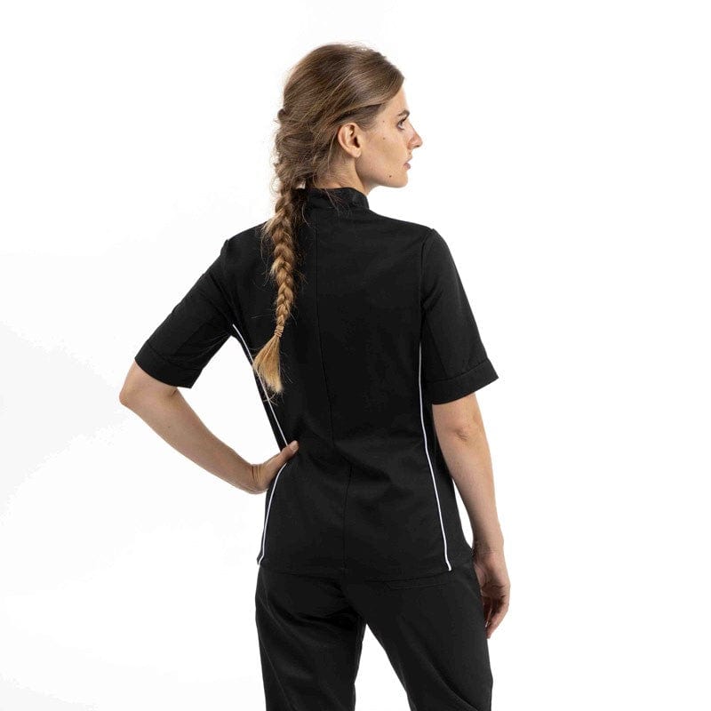 Women's Short Sleeve Black Kitchen Coat with White Piping Side Ventilation - MANELLI -  by Manelli | MANELLI``