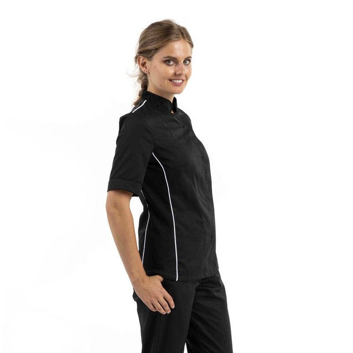 Women's Short Sleeve Black Kitchen Coat with White Piping Side Ventilation - MANELLI -  by Manelli | MANELLI``