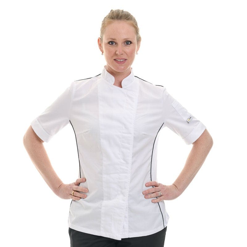 Women's White Kitchen Coat with Black Piping Side Ventilation Short Sleeves - MANELLI -  by Manelli | MANELLI``