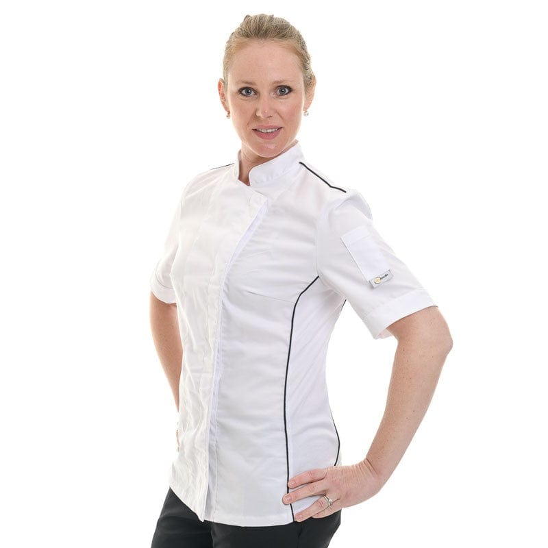 Women's White Kitchen Coat with Black Piping Side Ventilation Short Sleeves - MANELLI -  by Manelli | MANELLI``