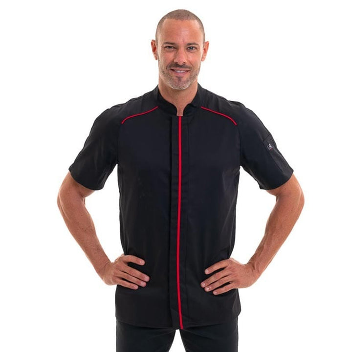 Apollo Black Short Sleeves Chef Coat with Red Piping - ROBUR -  by Robur | MANELLI``