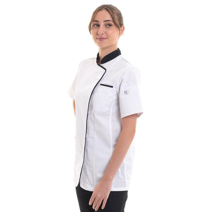 Expression Women's White Kitchen Coat with Black Piping - ROBUR -  by Robur | MANELLI``