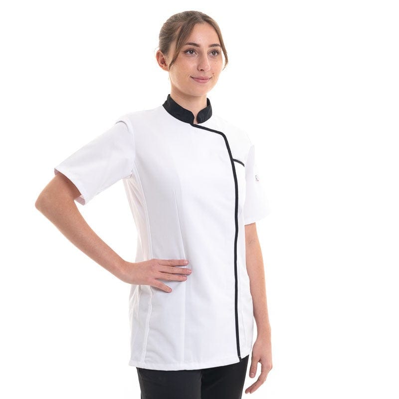 Expression Women's White Kitchen Coat with Black Piping - ROBUR -  by Robur | MANELLI``