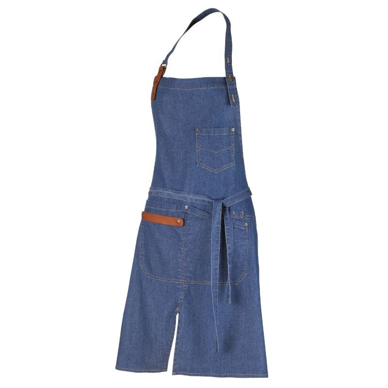 Harold Denim Washed Cognac Leather Bib Apron - ROBUR -  by Robur | MANELLI``