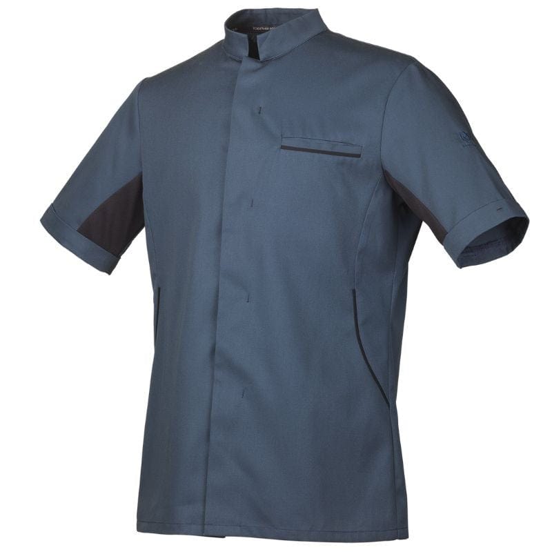 Men's Ocean Blue Short Sleeve Kitchen Coat with Black Piping - ROBUR -  by Robur | MANELLI``