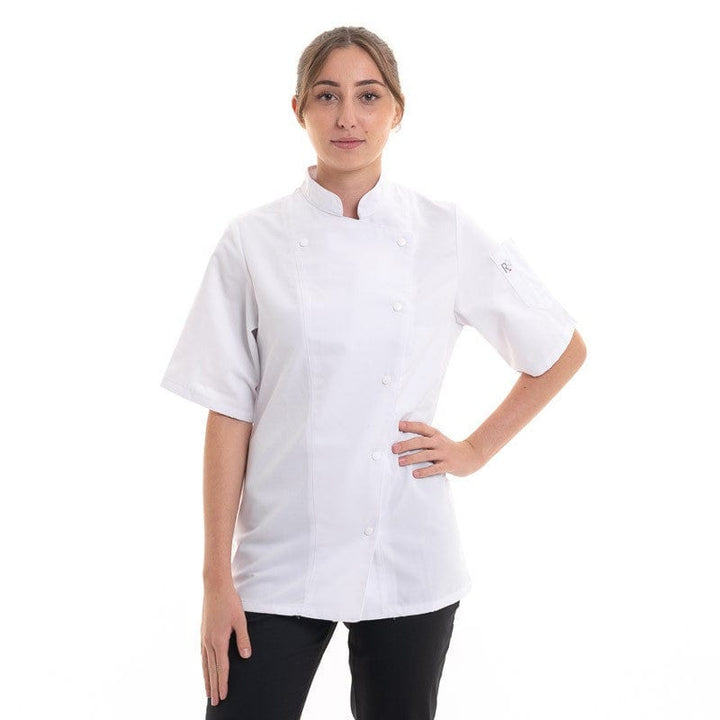 Women's White Kitchen Coat with Asymmetrical Closure Manille - ROBUR -  by Robur | MANELLI``