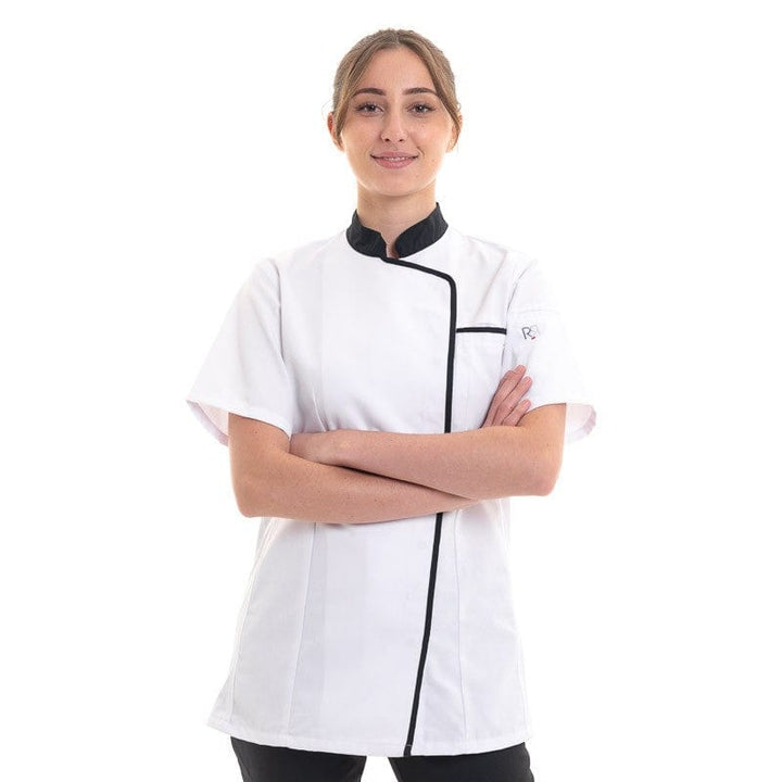 Expression Women's White Kitchen Coat with Black Piping - ROBUR -  by Robur | MANELLI``