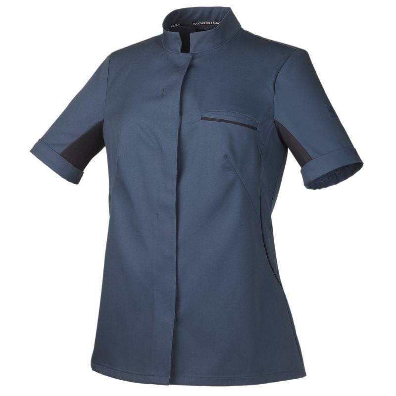 Women's Kitchen Coat Short Sleeve Ocean Blue Black Piping Escale - ROBUR -  by Robur | MANELLI``