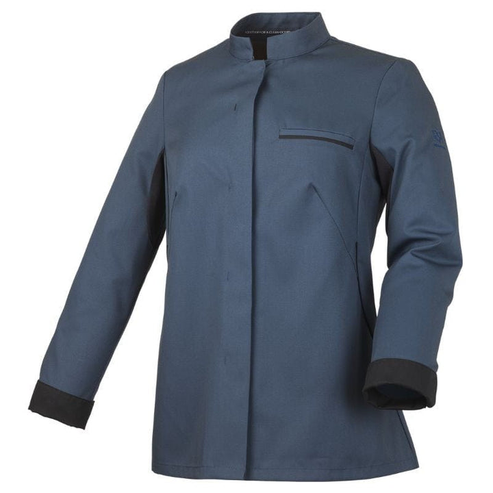 Women's Ocean Blue Long Sleeve Kitchen Coat with Black Piping - ROBUR -  by Robur | MANELLI``