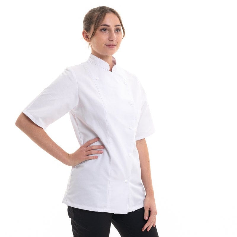 Women's White Chef Coat Long Sleeve Asymmetrical Closure Manille - ROBUR -  by Robur | MANELLI``