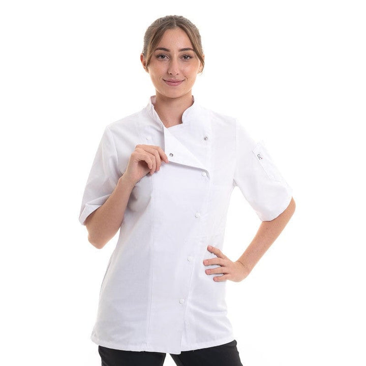 Women's White Chef Coat Long Sleeve Asymmetrical Closure Manille - ROBUR -  by Robur | MANELLI``