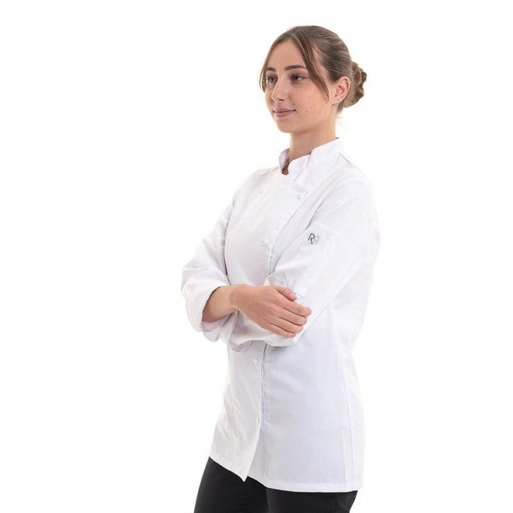 Women's White Chef Coat Long Sleeve Asymmetrical Closure Manille - ROBUR -  by Robur | MANELLI``